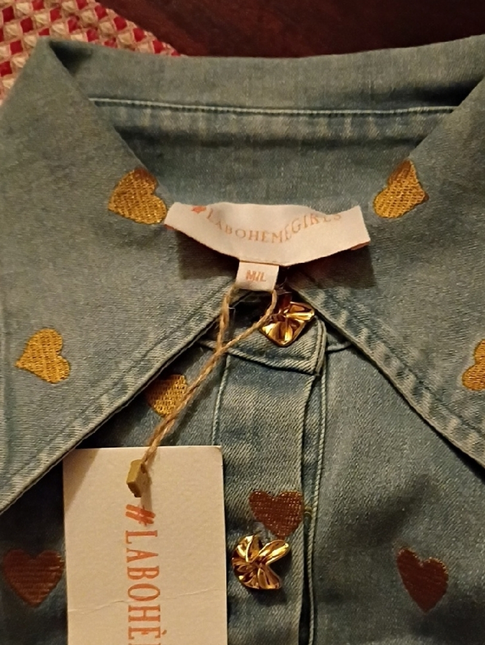La Boheme Jean Material Button-Front Casual Dress with Gold Heart Print - Picture 2 of 6